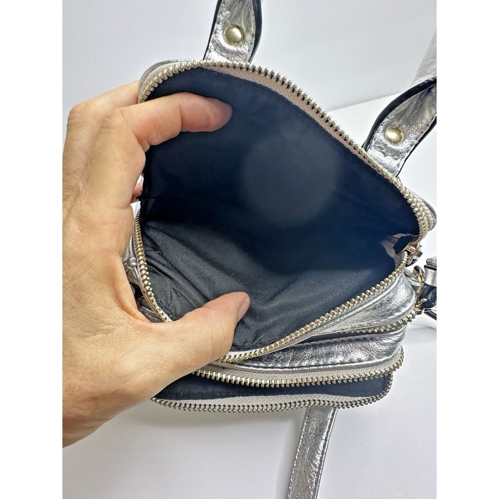 Free People Silver Leather Crossbody Purse Multi pocket Mini Top Handles - Picture 11 of 14
